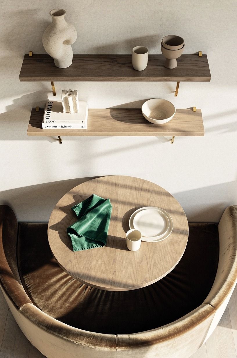 Stain floating shelves to match the table