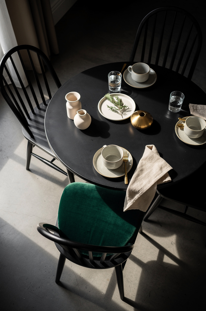 Set black Windsor chairs around a round table