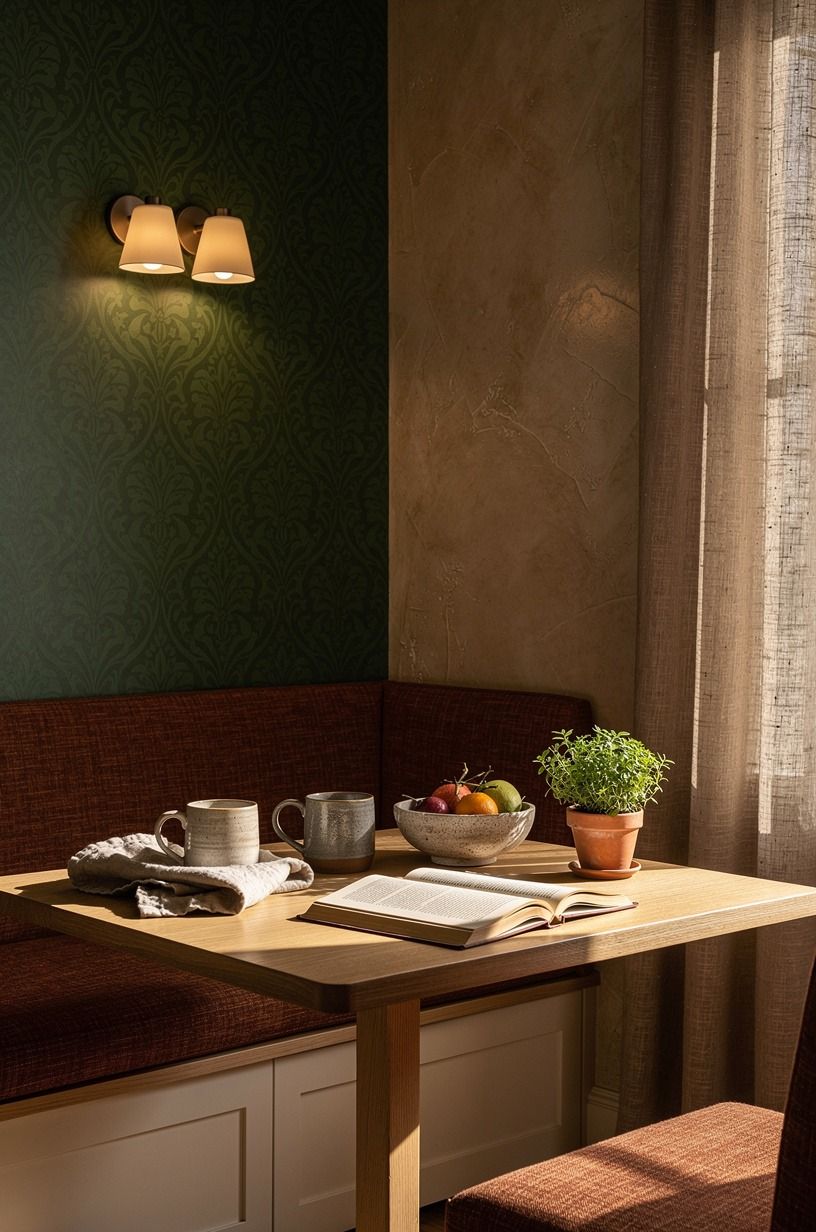 Finish with sconces over patterned wallpaper