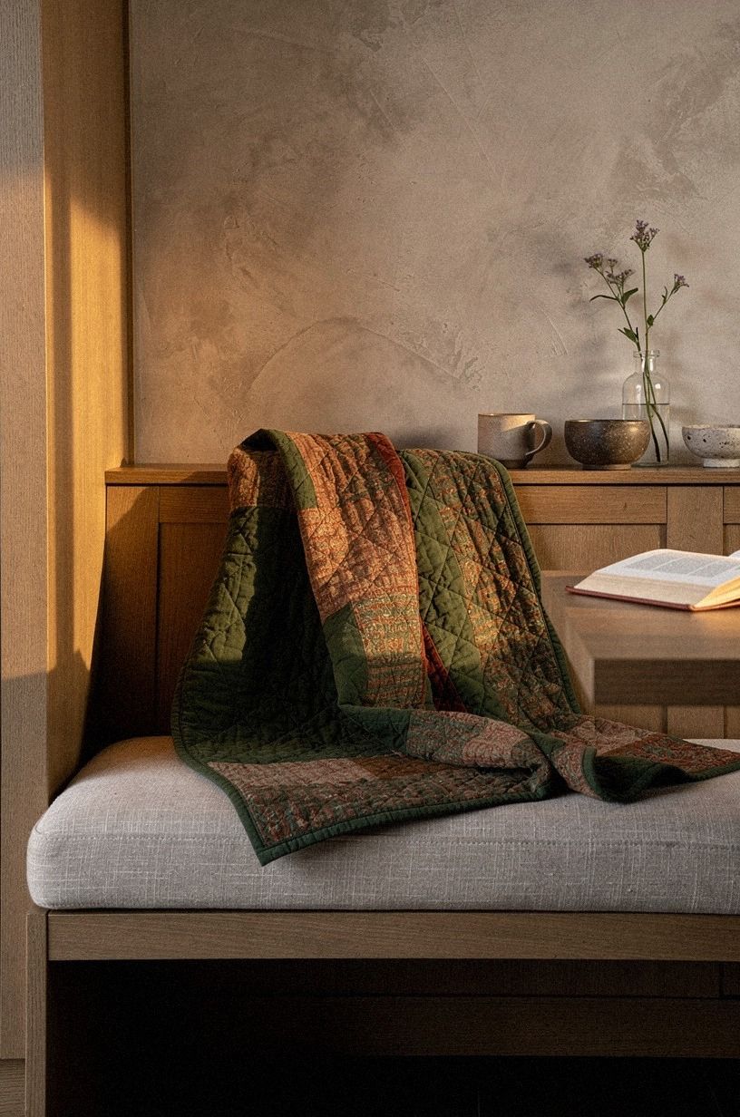 Drape a quilted throw across the bench back