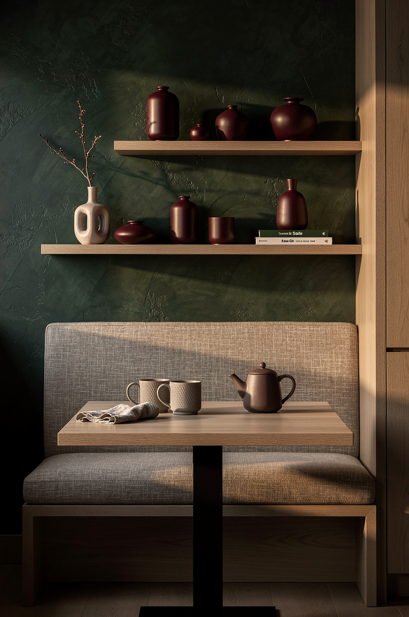Style burgundy ceramics on floating ledges