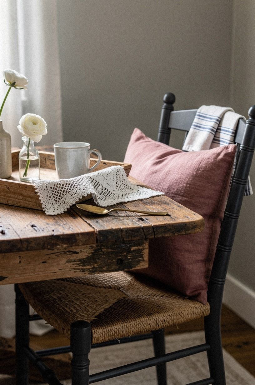 Layered lace napkins in a wooden tray