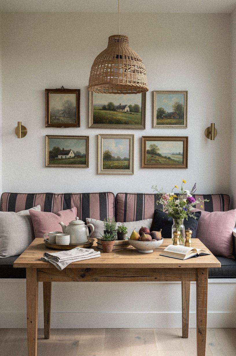 Hang cottage landscapes above the banquette
