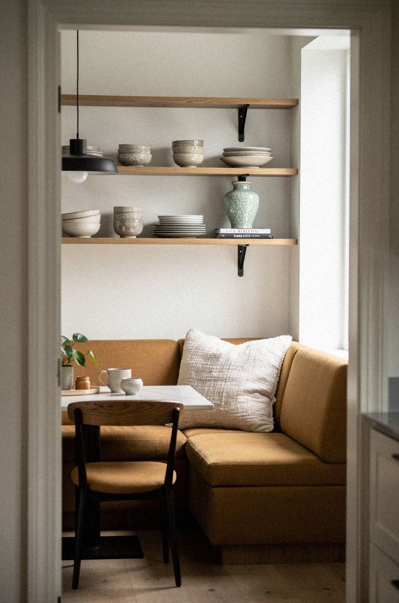 Finish with ceramic dishes on open shelves