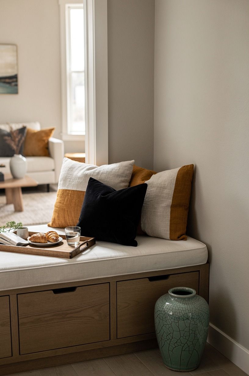 I styled the finished nook with pillows