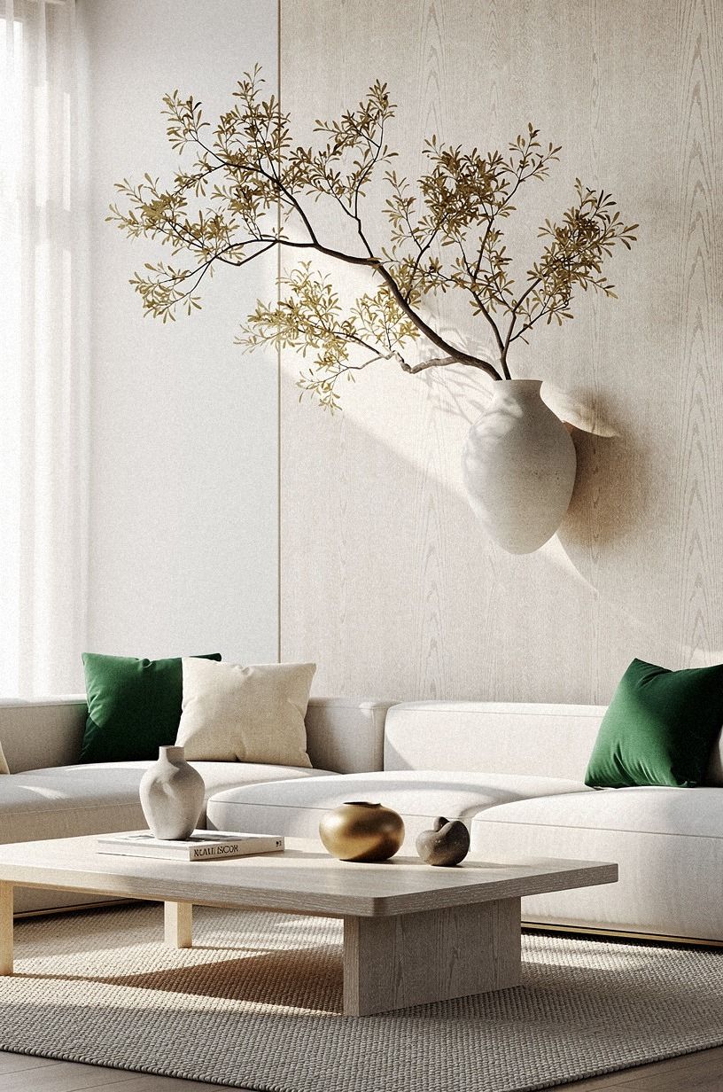 Add a single oversized branch in a wall-mounted vase