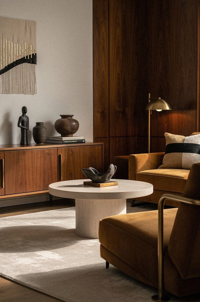 Anchor the corner with a book-matched walnut round