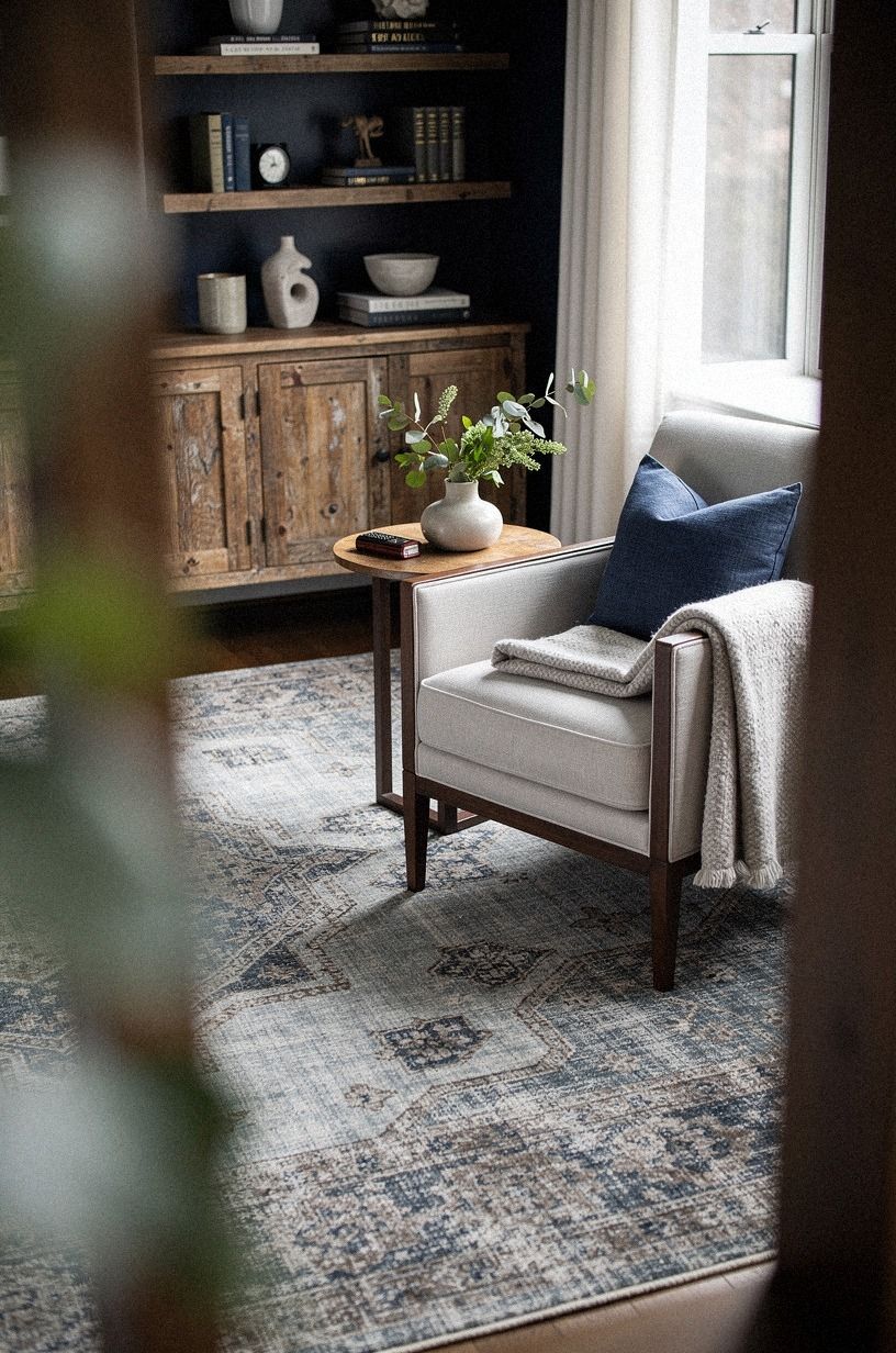 ground the nook with a vintage wool rug