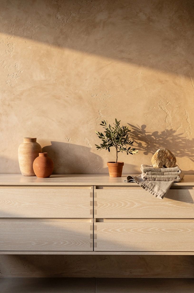 Swatched Warm Limestone Beside The Vanity