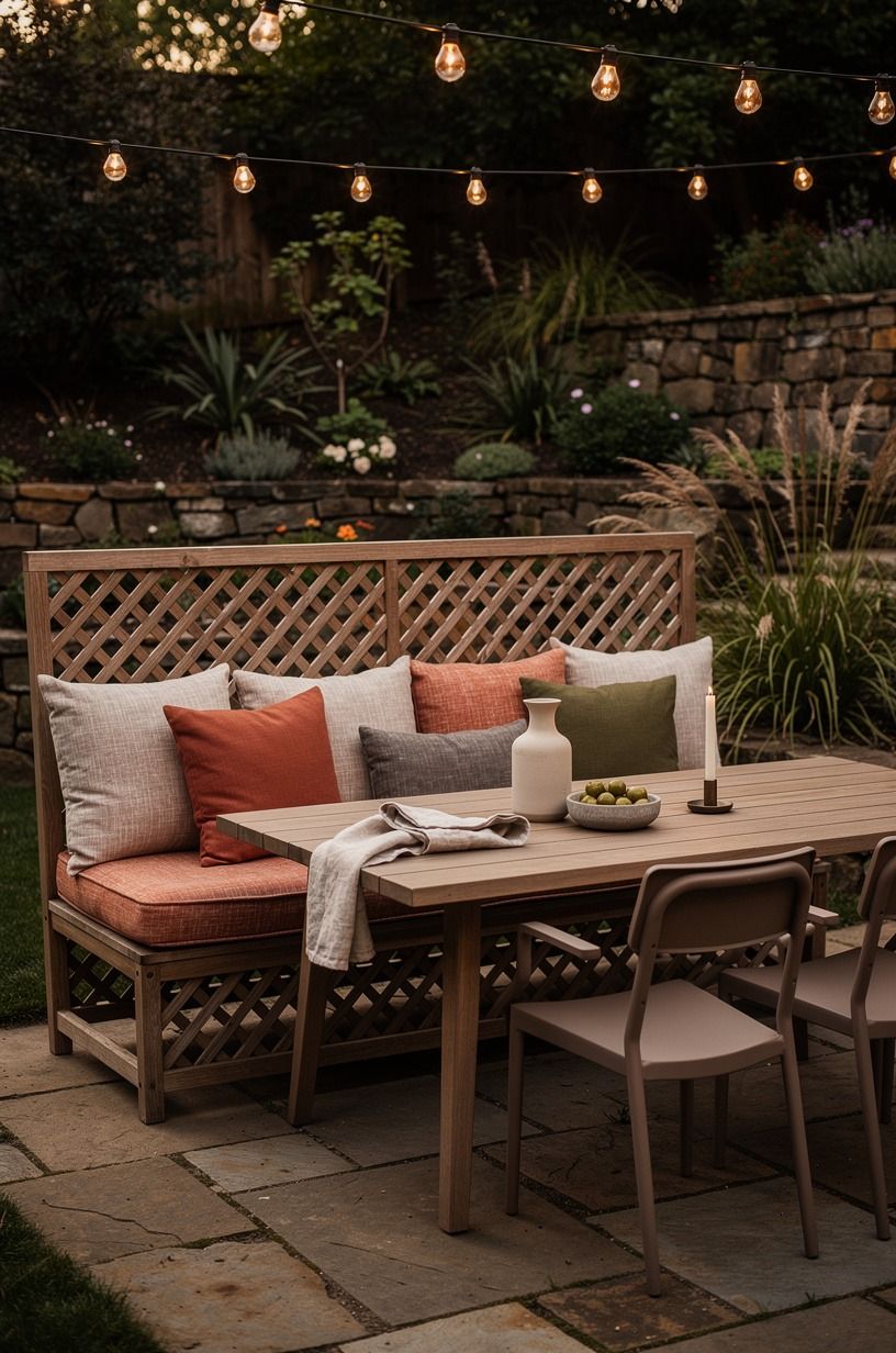 Anchor a dining nook with a lattice-backed bench