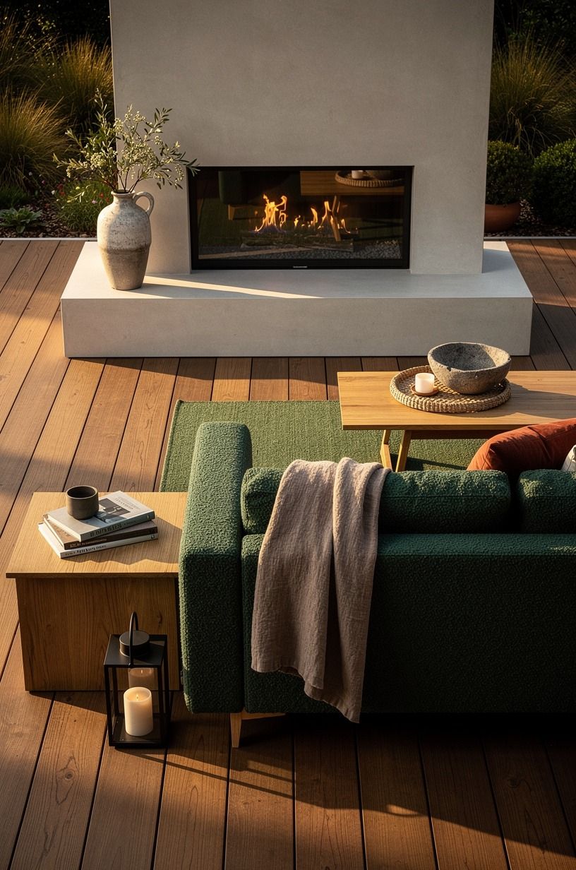 Anchor a modern outdoor fireplace on deck with a noncombustible zone
