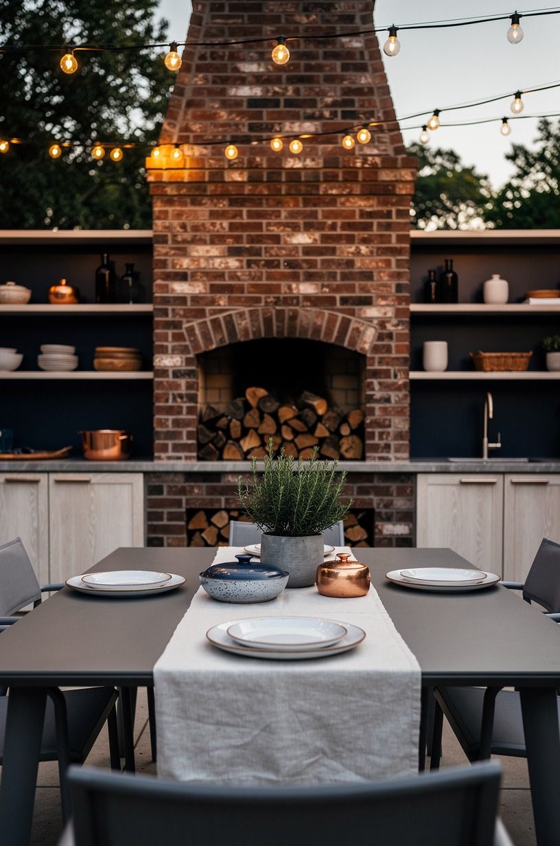 Anchor the cooking zone with a brick outdoor fireplace with wood