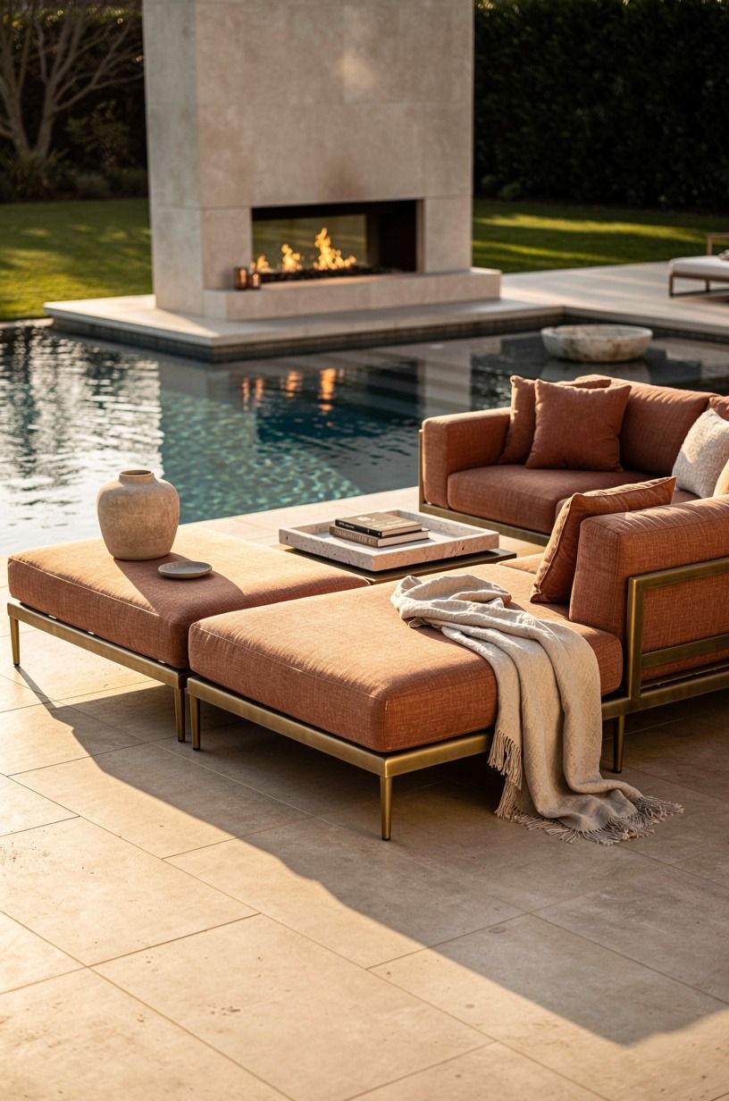 Anchor the outdoor fireplace by pool with a deep seating island