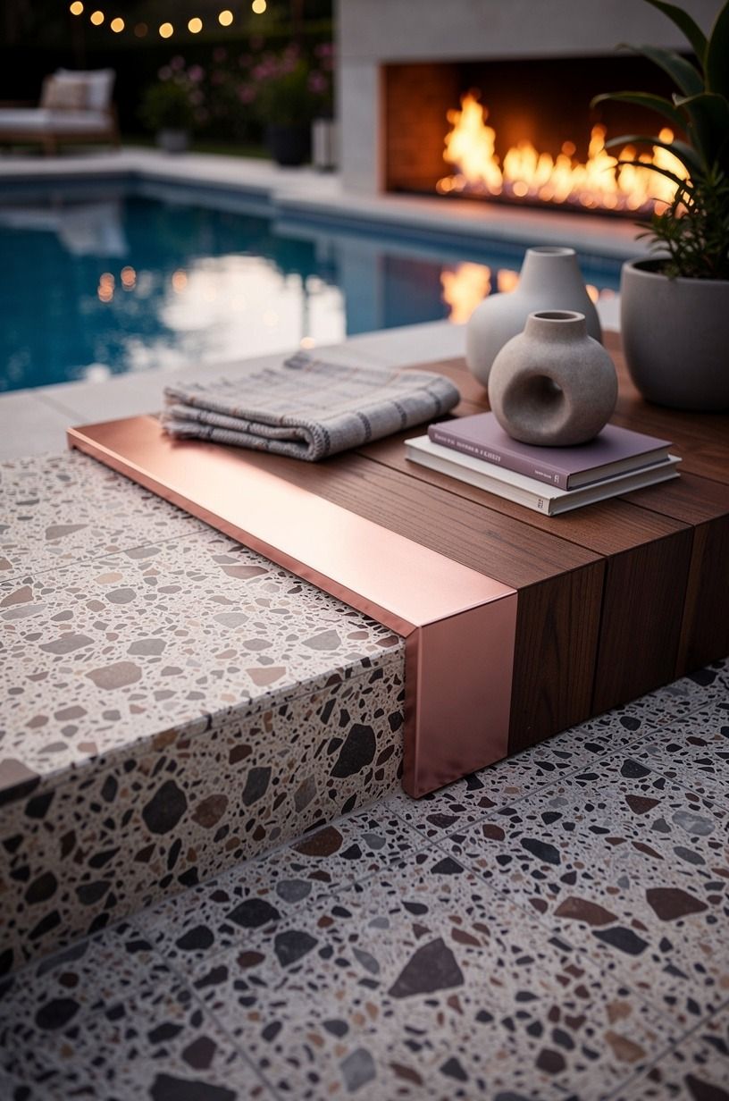 Build The Two-Wood Rule around a fireplace by pool backyard