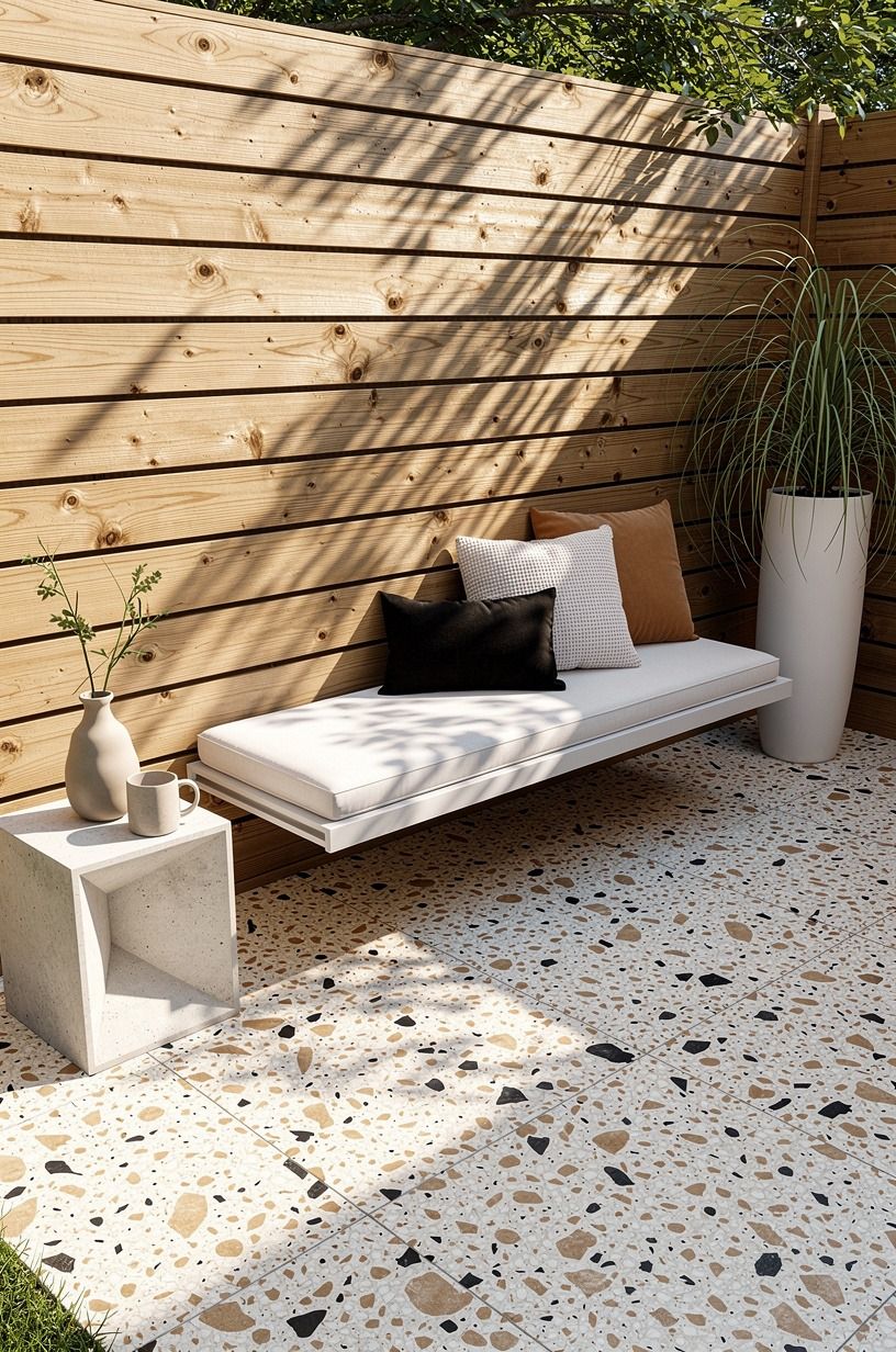 Float a bench against backyard wooden fence ideas