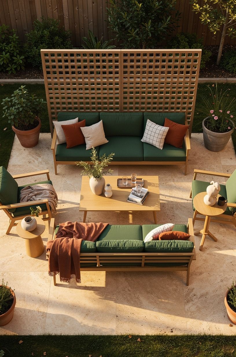 Float a freestanding lattice wall behind seating