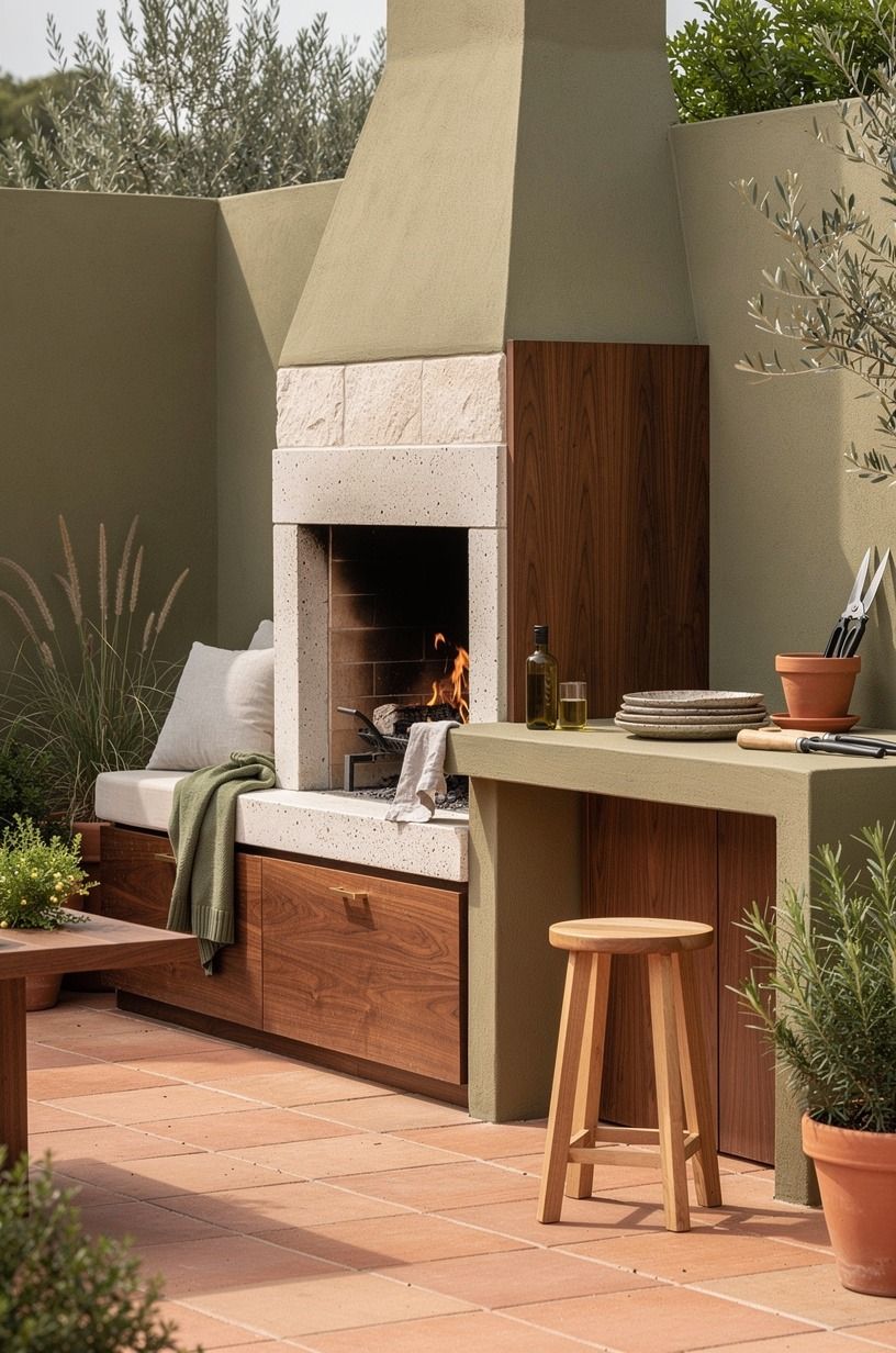 Float a prep ledge beside the outdoor wood burning fireplace patio