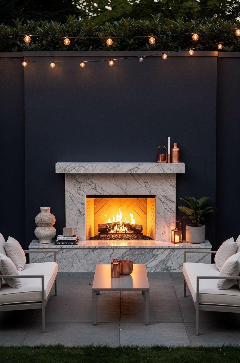 Frame a fireplace in backyard with a dark painted wall