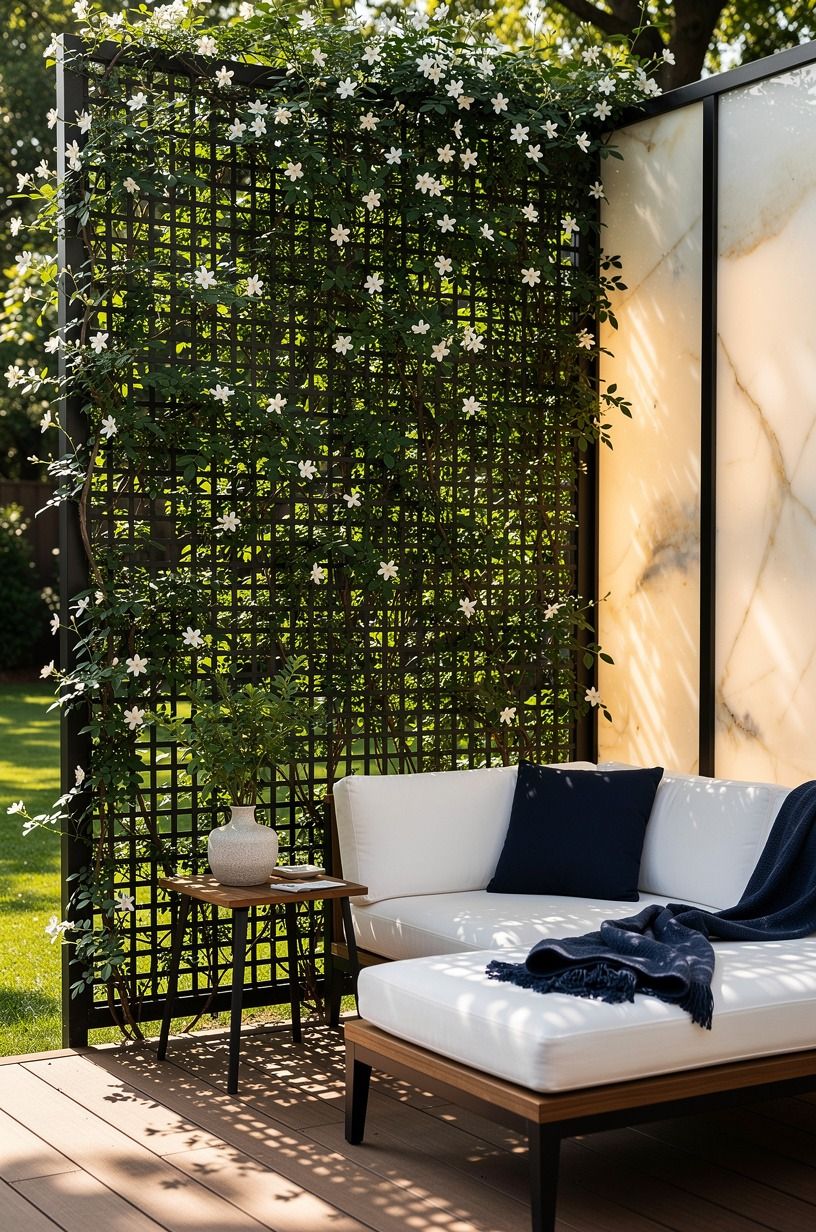 Frame climbing jasmine with a backyard lattice screen