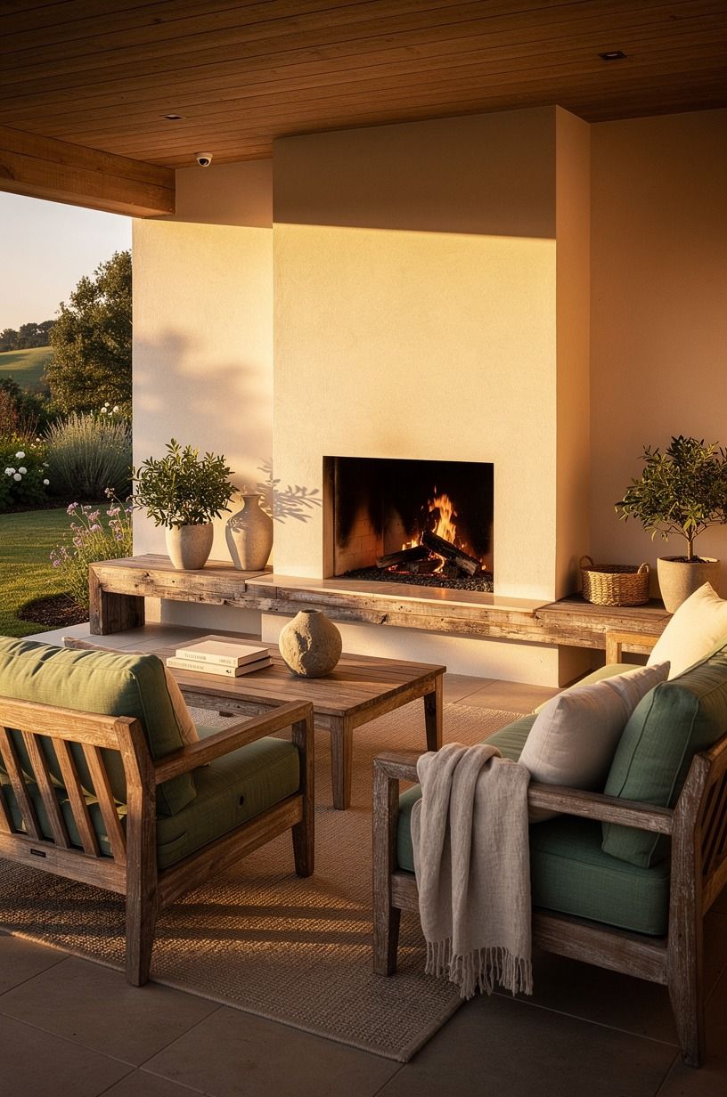 Frame the fire with a covered patio edge