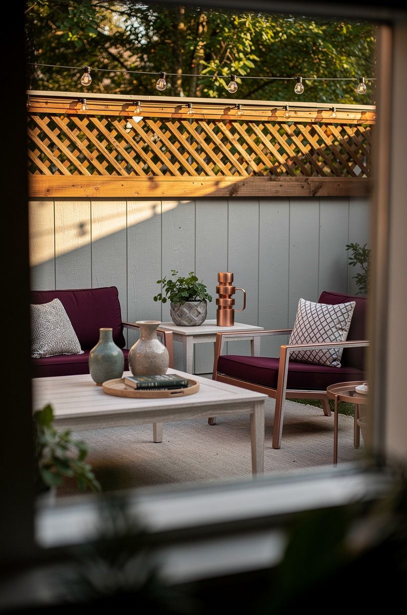 Layer cedar lattice above a plain fence (the light-filter move)