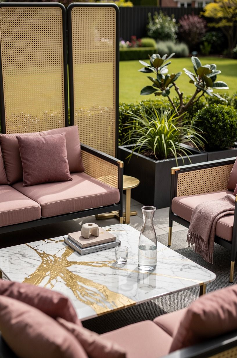 Mix cane-style lattice with a modern patio palette