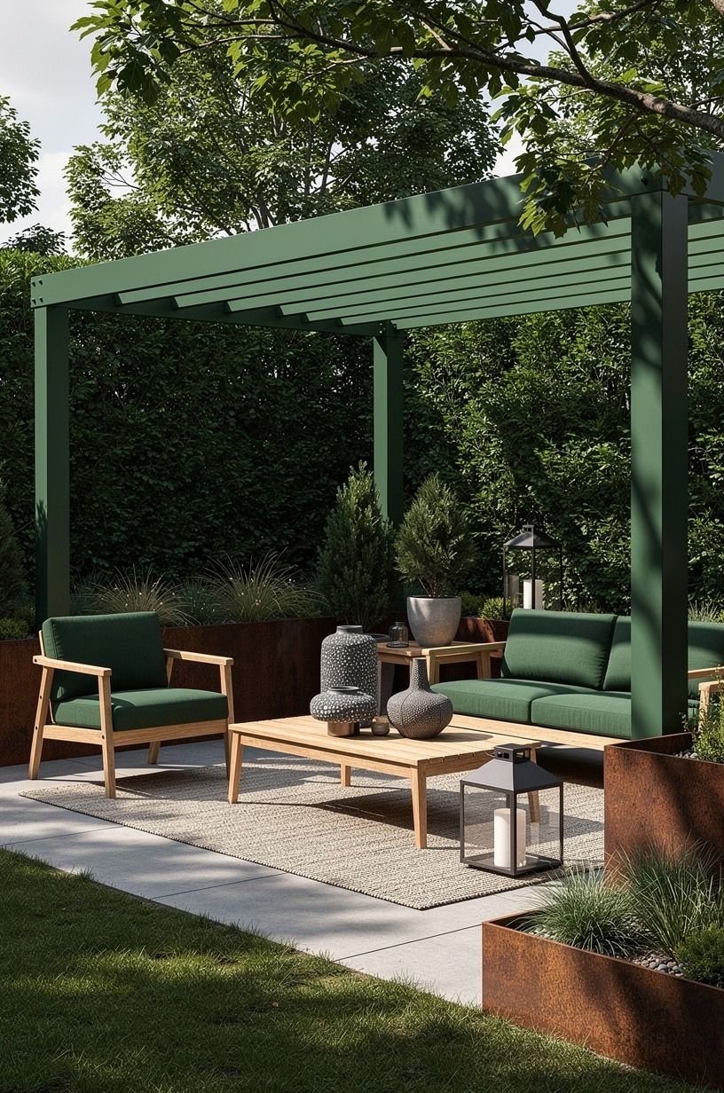 Mix rusted steel with evergreen structure