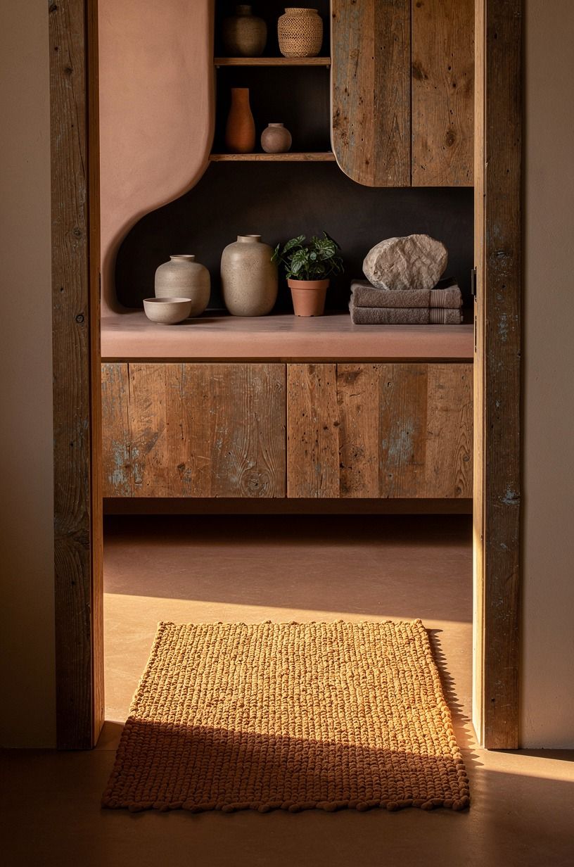 Add a clay-colored bath mat with real texture