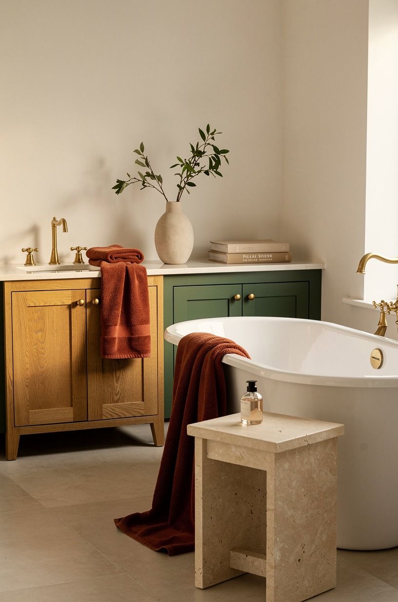 Add a limestone-colored stool beside the tub