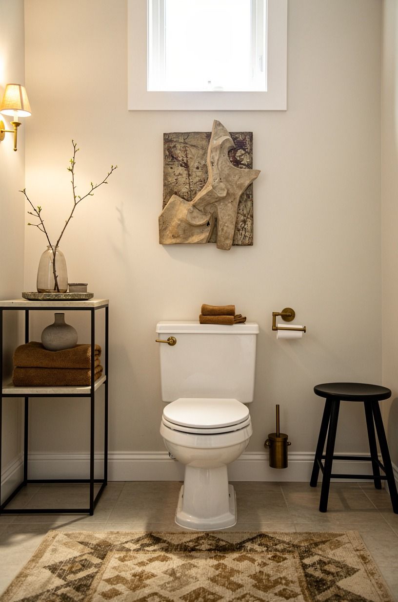 Add an artful interruption above the toilet
