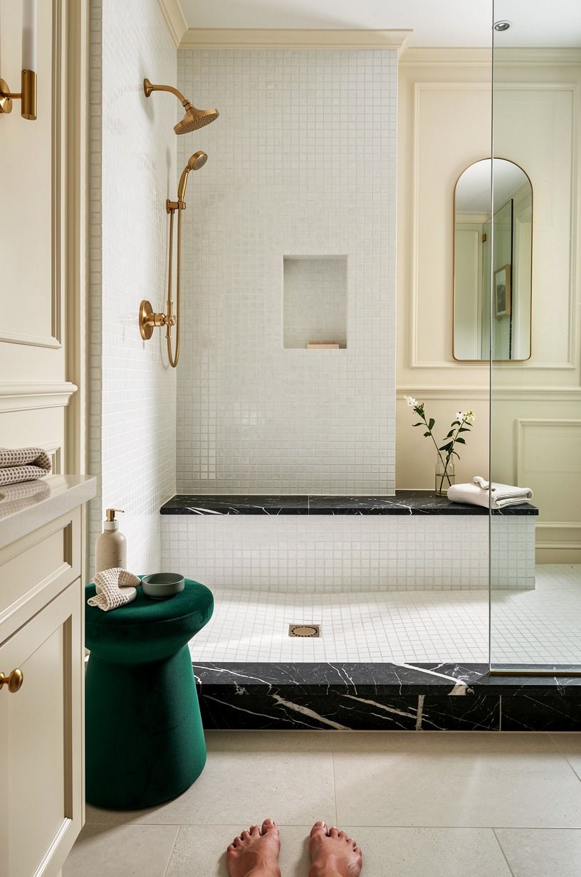 Anchor a white zellige shower with one quiet floor material