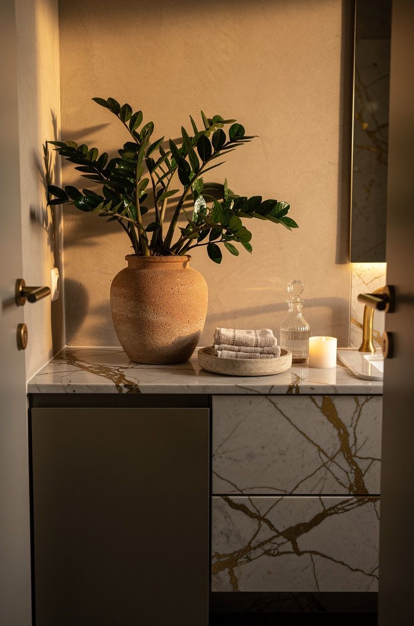 Anchor plants in powder room decor with a heavy vessel