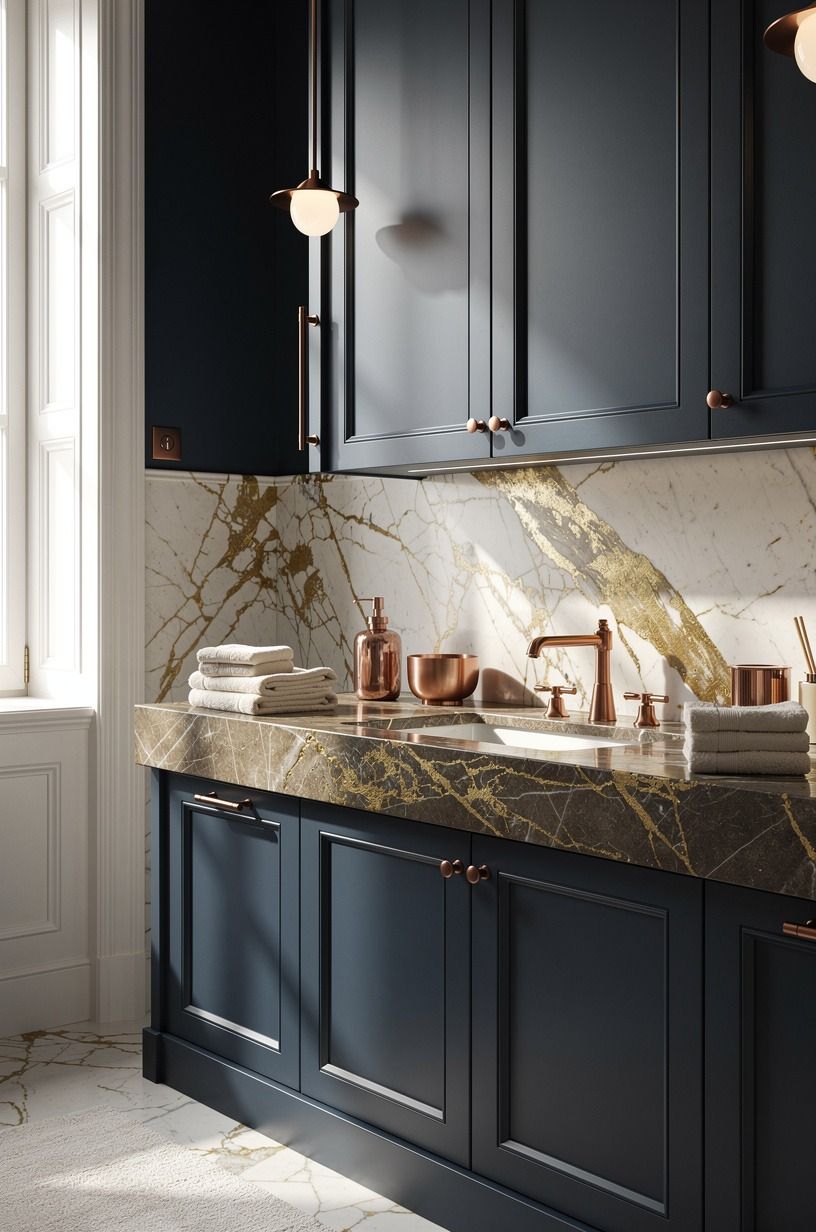 Anchor the sink with a quiet stone counter