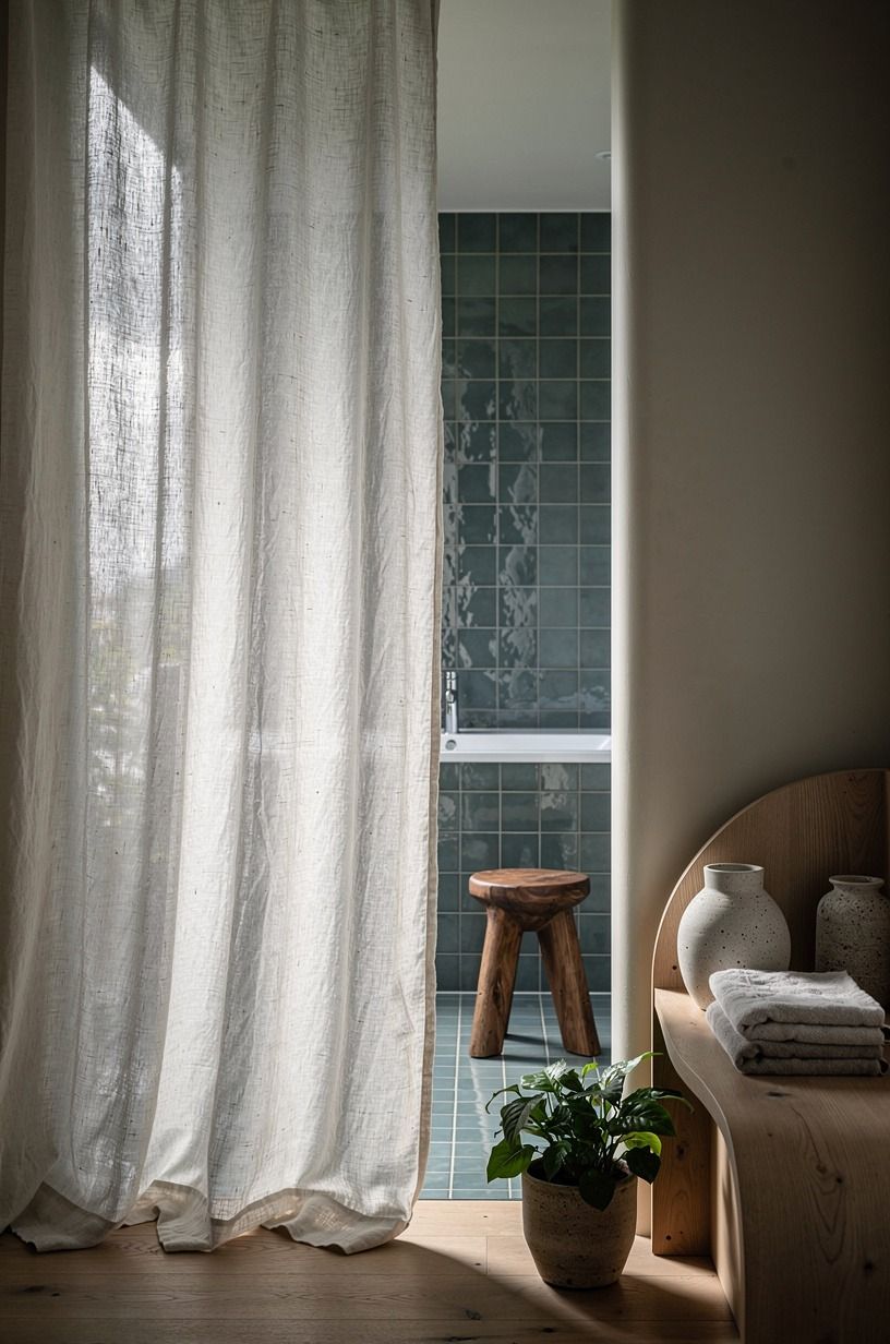 Choose a linen curtain over a glassy blue bathroom tile echo