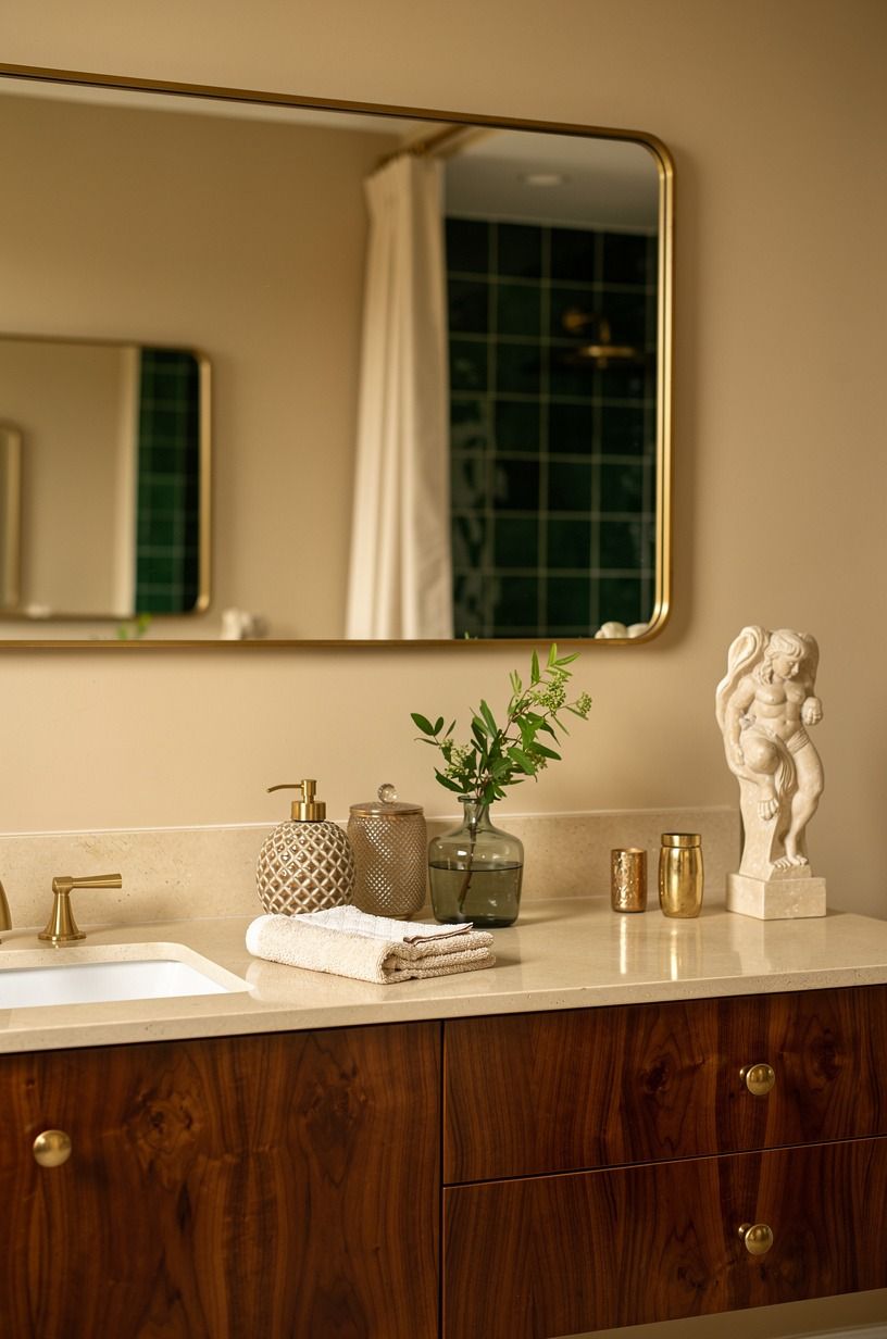 Choose a low, wide mirror for bathroom inspo beige