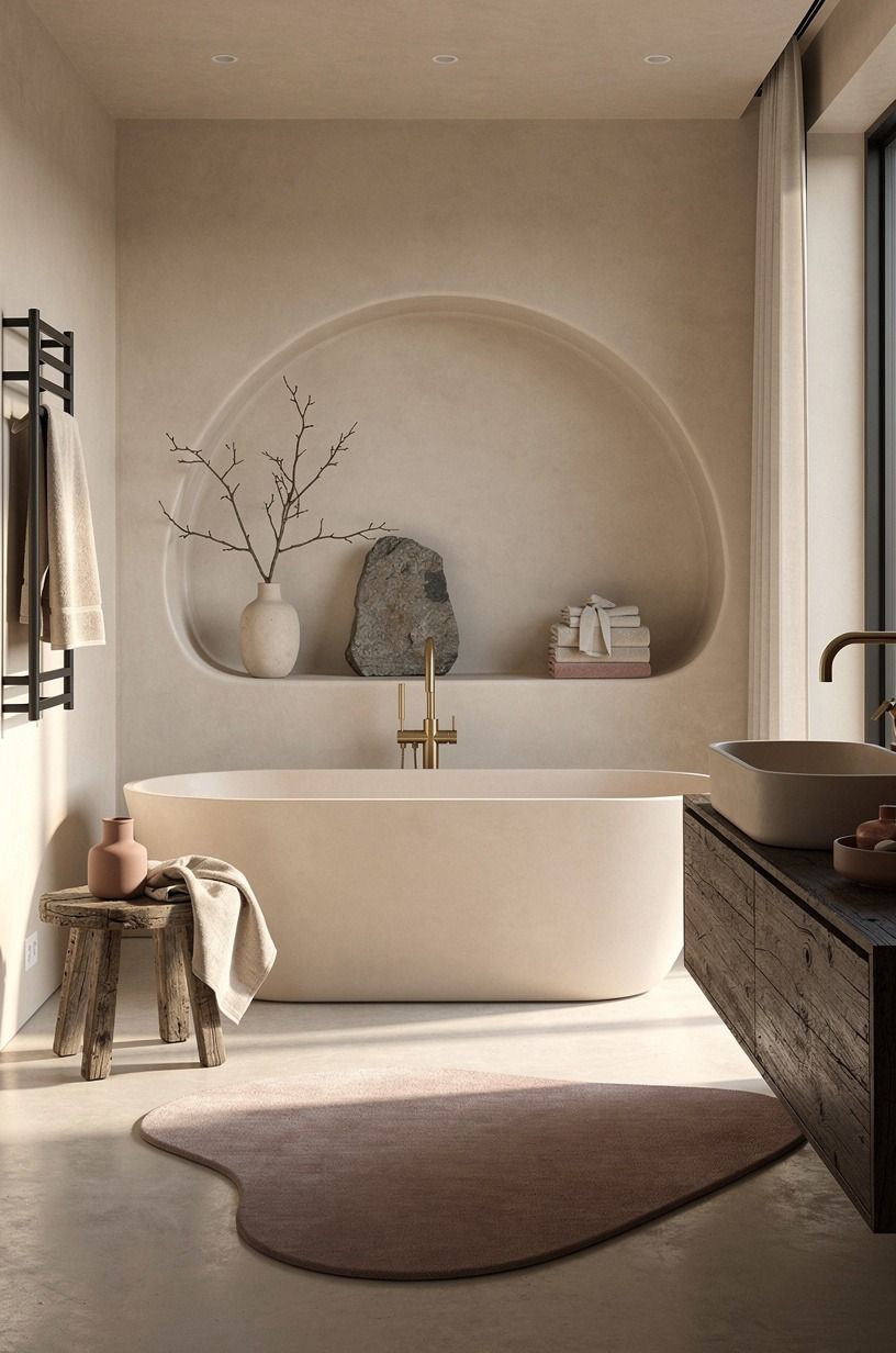 Choose a modern beige bathroom with freestanding tub