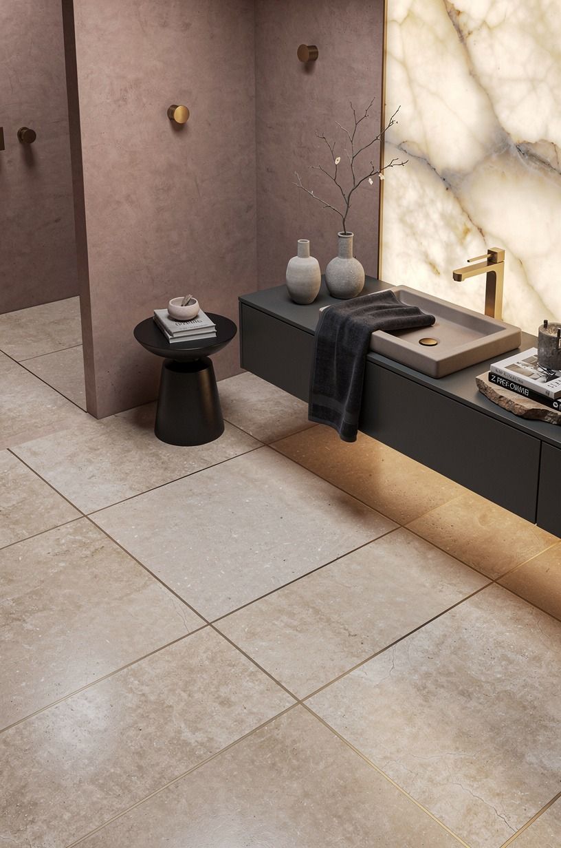 Choose warm grout over bright white for limestone tile flooring ideas