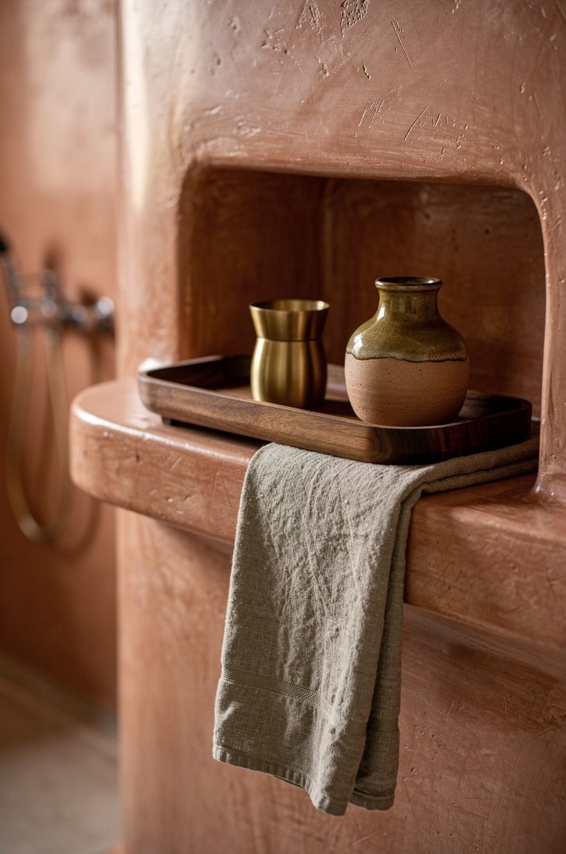 Finish with a Moroccan tadelakt bathroom shelf moment
