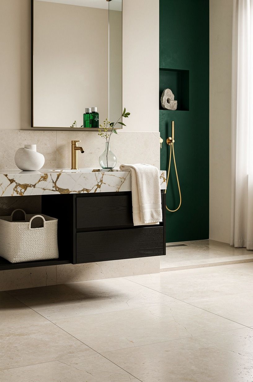 Float a dark vanity over pale limestone