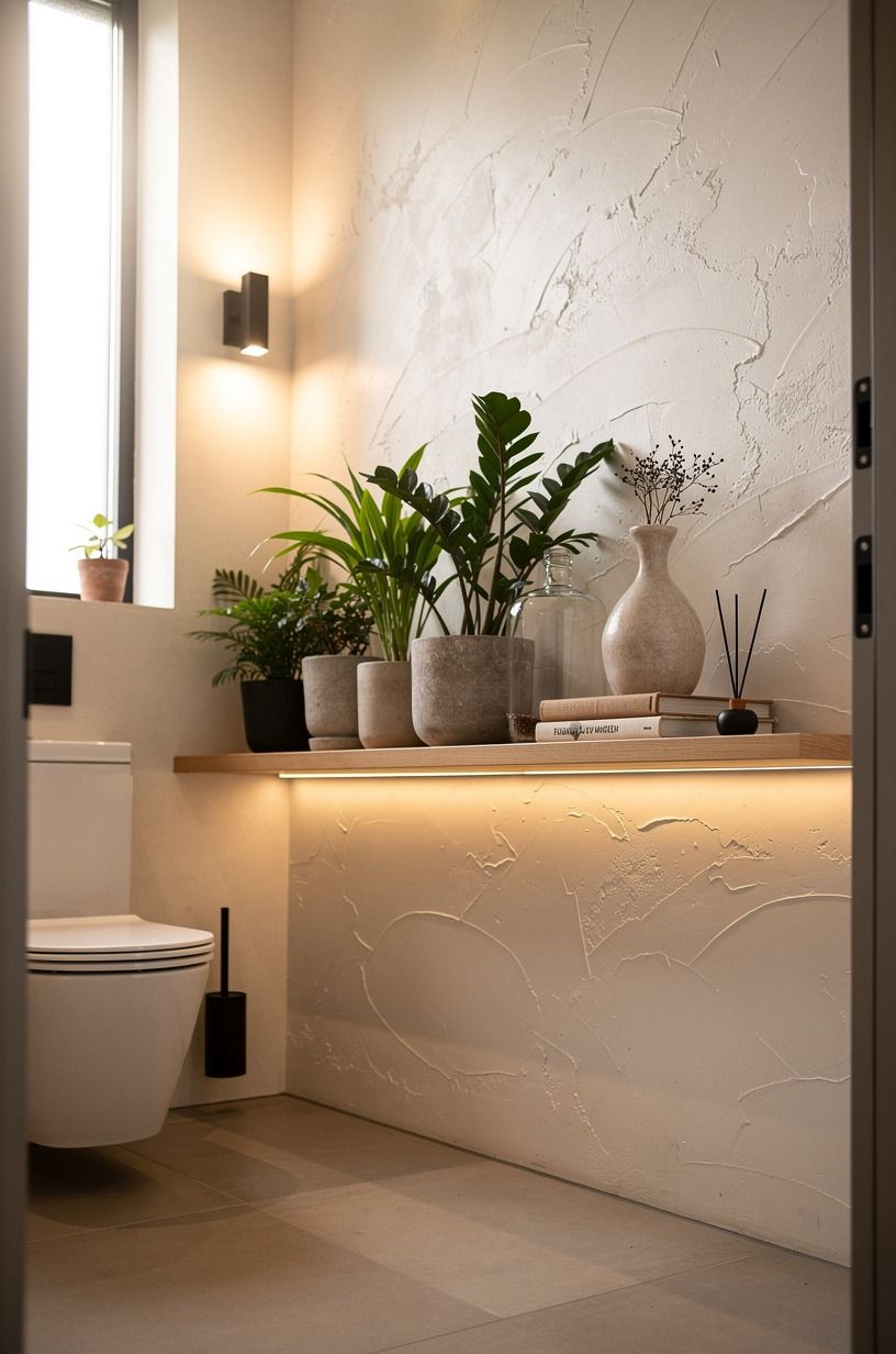 Float a shelf for plants in a powder room with no counter