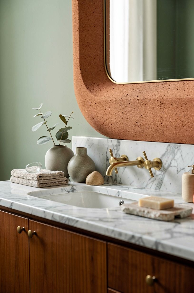 Float a terracotta plaster band around the mirror