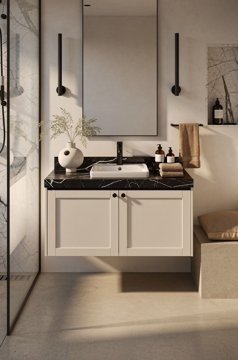Float a vanity above the beige concrete bathroom floor