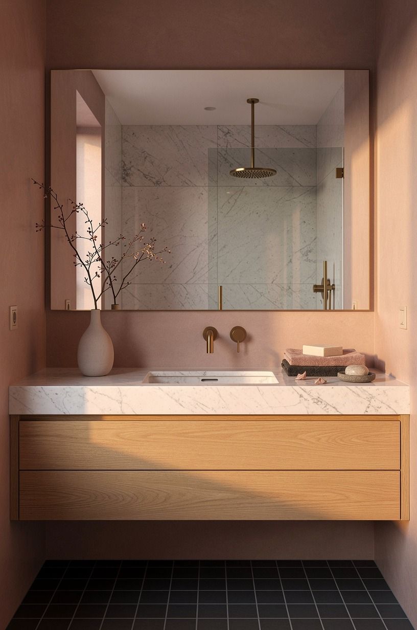 Float an oak vanity above the floor (luxury shower inspiration)