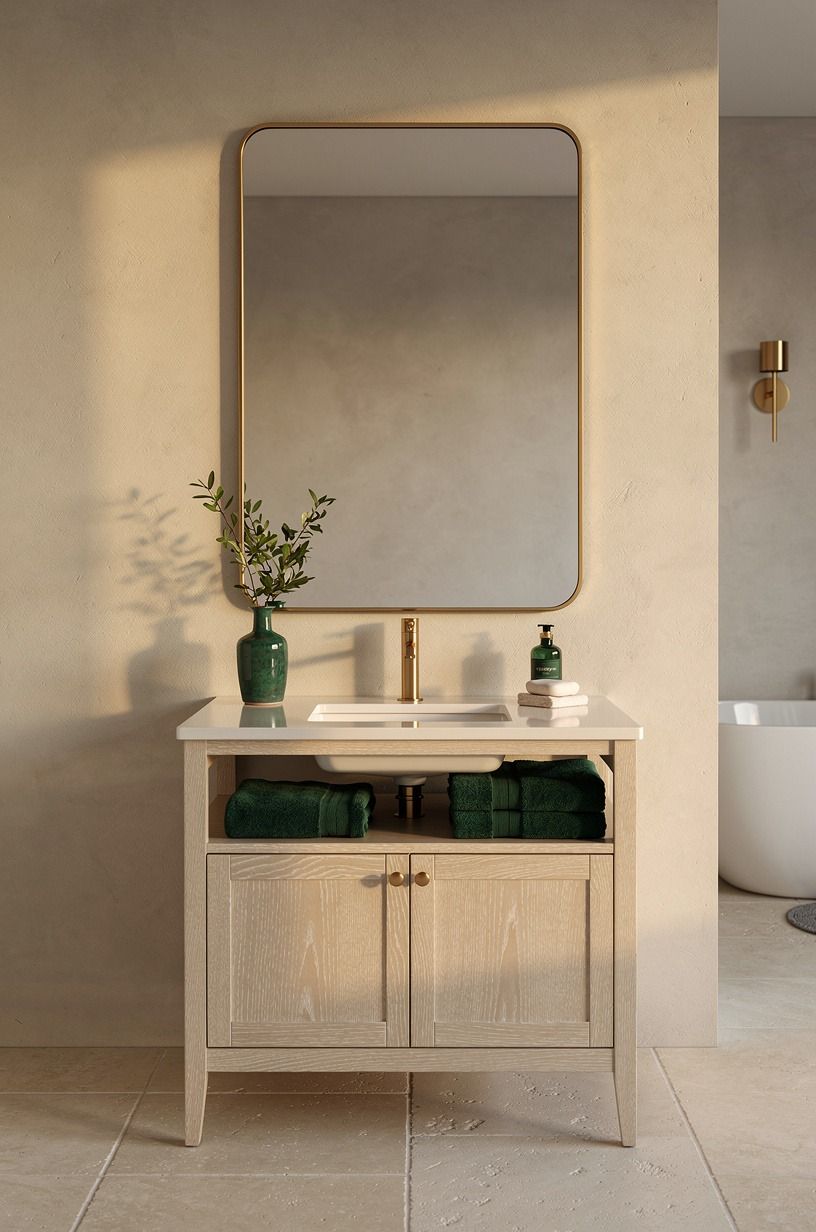 Frame the mirror with a quiet plaster wall