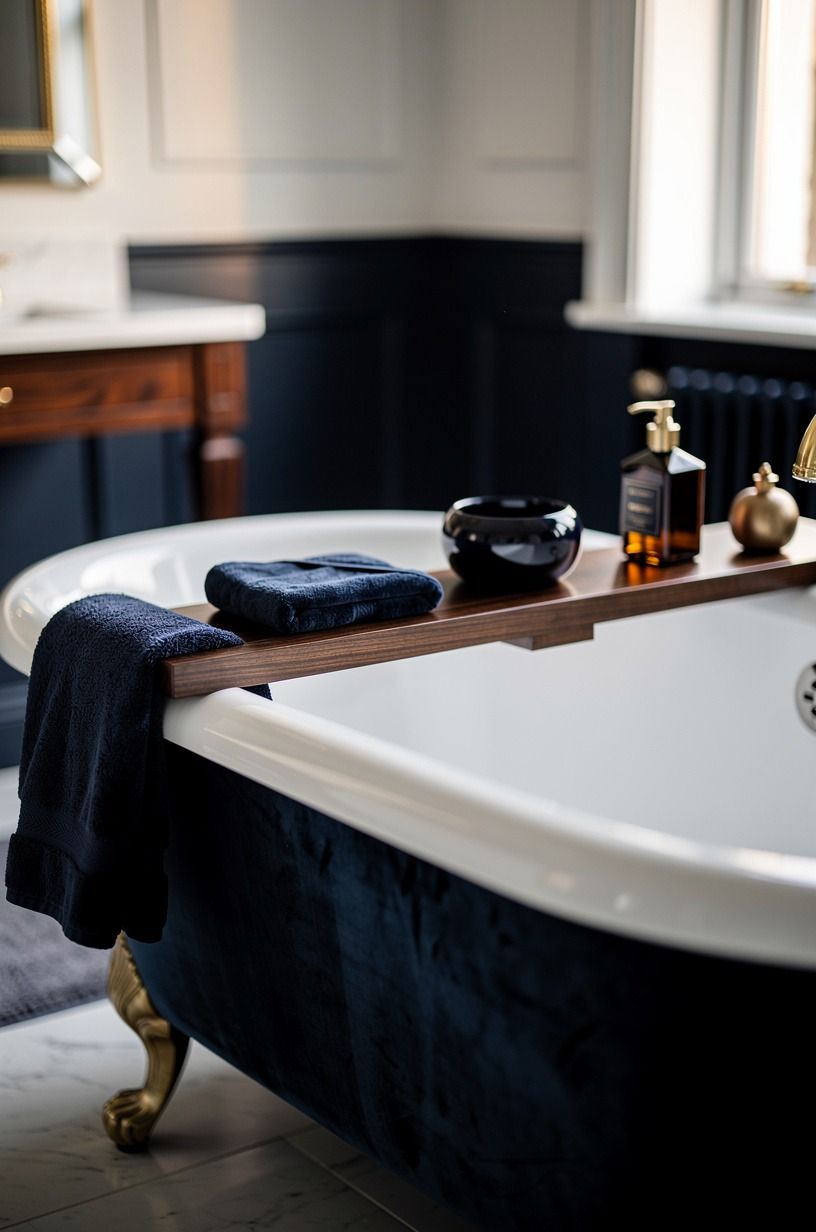 Frame the tub with a narrow bridge shelf