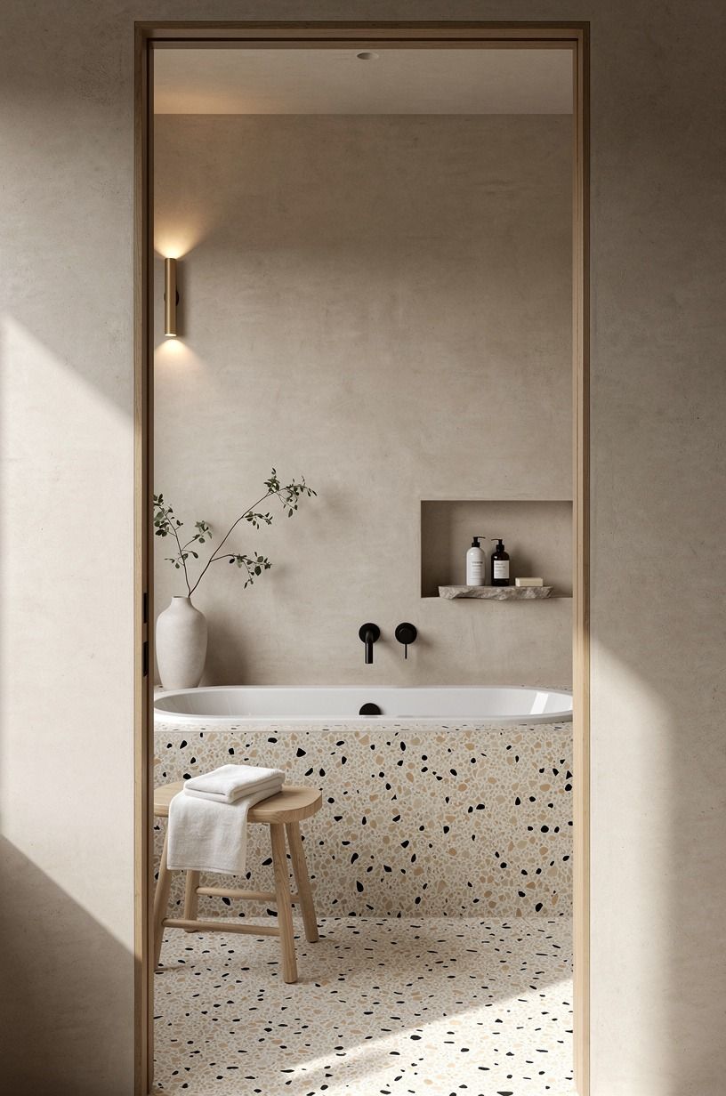 Frame the tub with a quiet beige cement bathroom palette