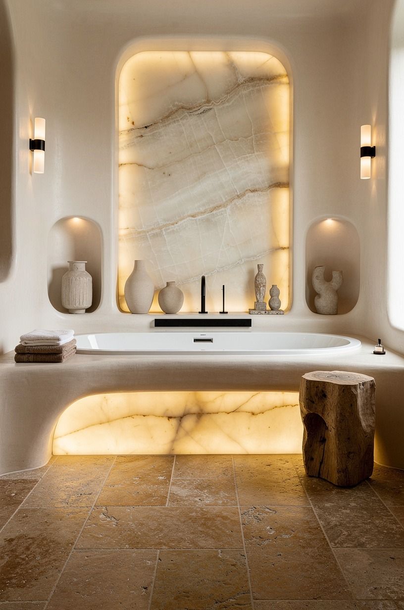 Frame the tub with stone tile flooring in bathroom