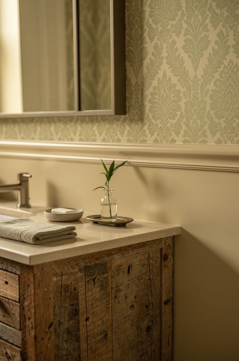 Hang a traditional bathroom wallpaper above the rail