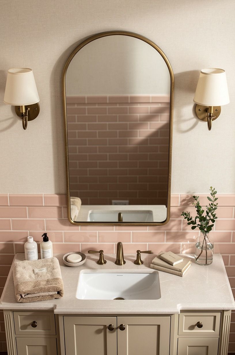 Hang an arched mirror over pink bathroom tile