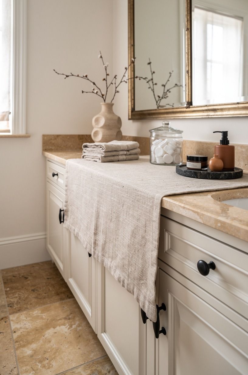 Layer a Belgian Flax Runner Along the Vanity (the Soft Landing Rule)